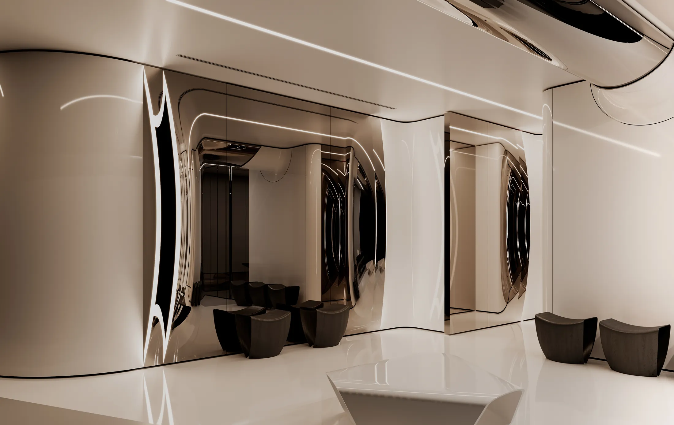 Reception corridor with full-height bronze mirror panels
