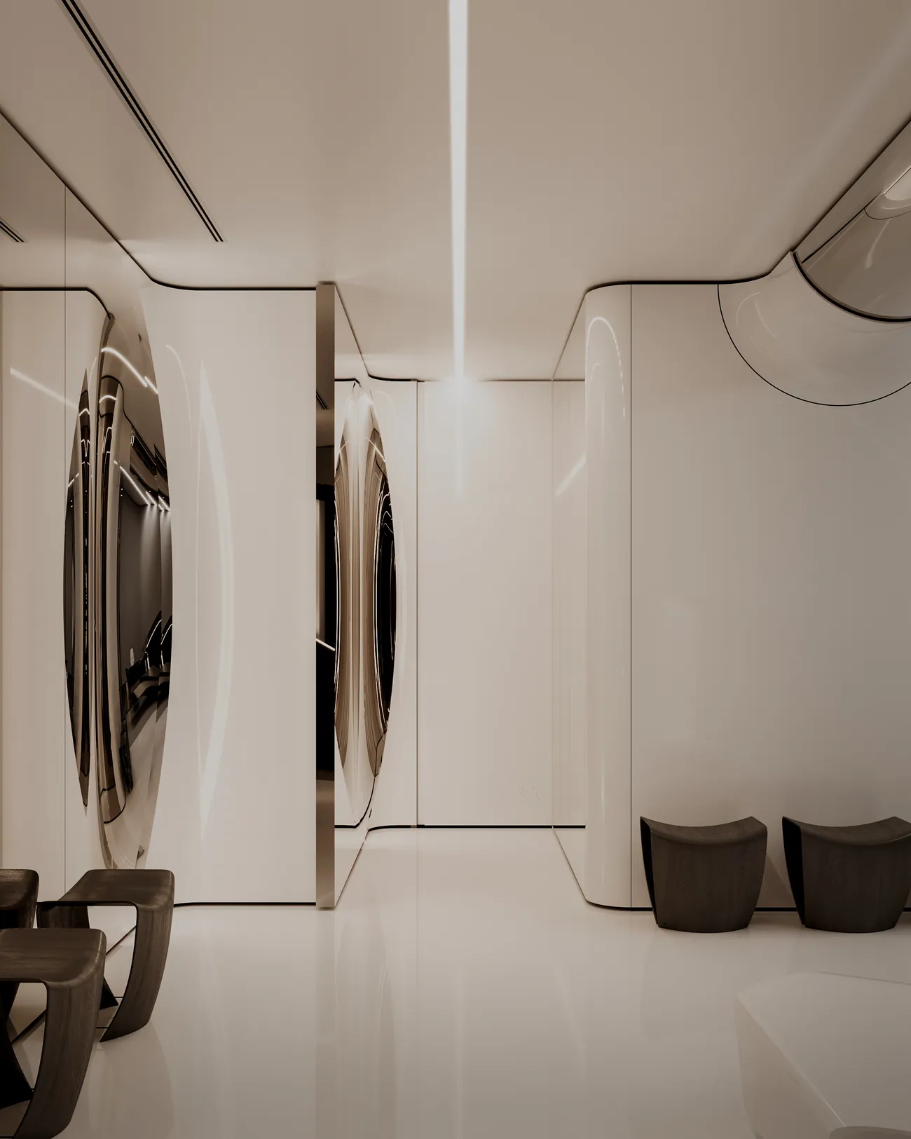 Curved gloss partition with recessed light line