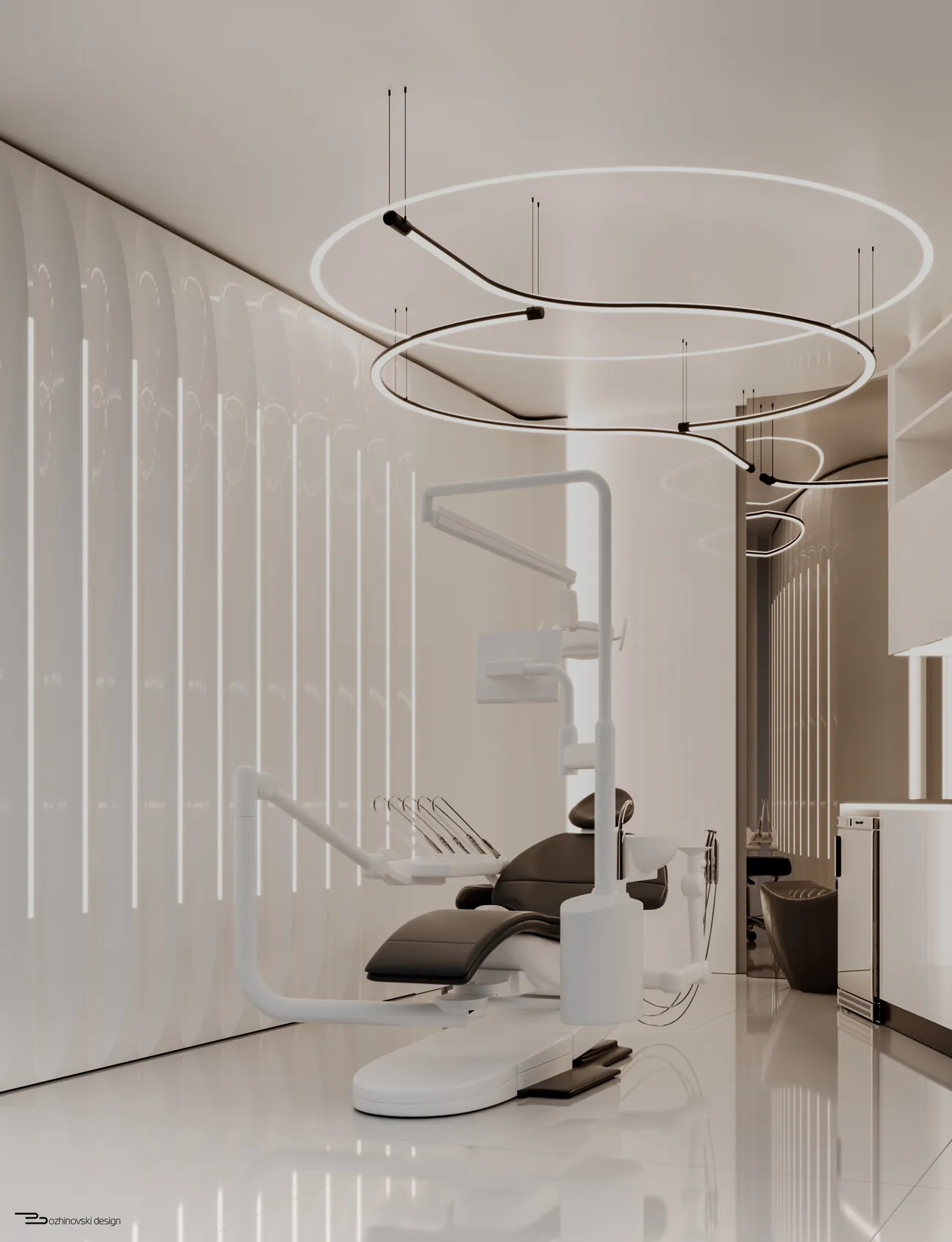 Fluted wall and ceiling ring above the chair