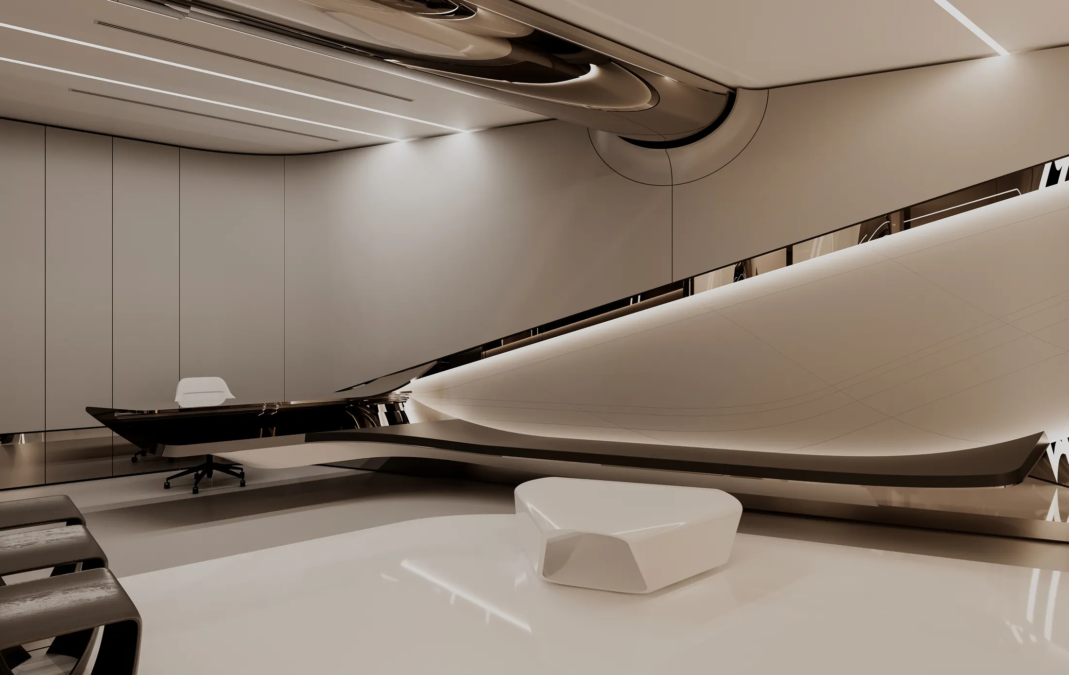 Executive desk beneath a curved illuminated ceiling