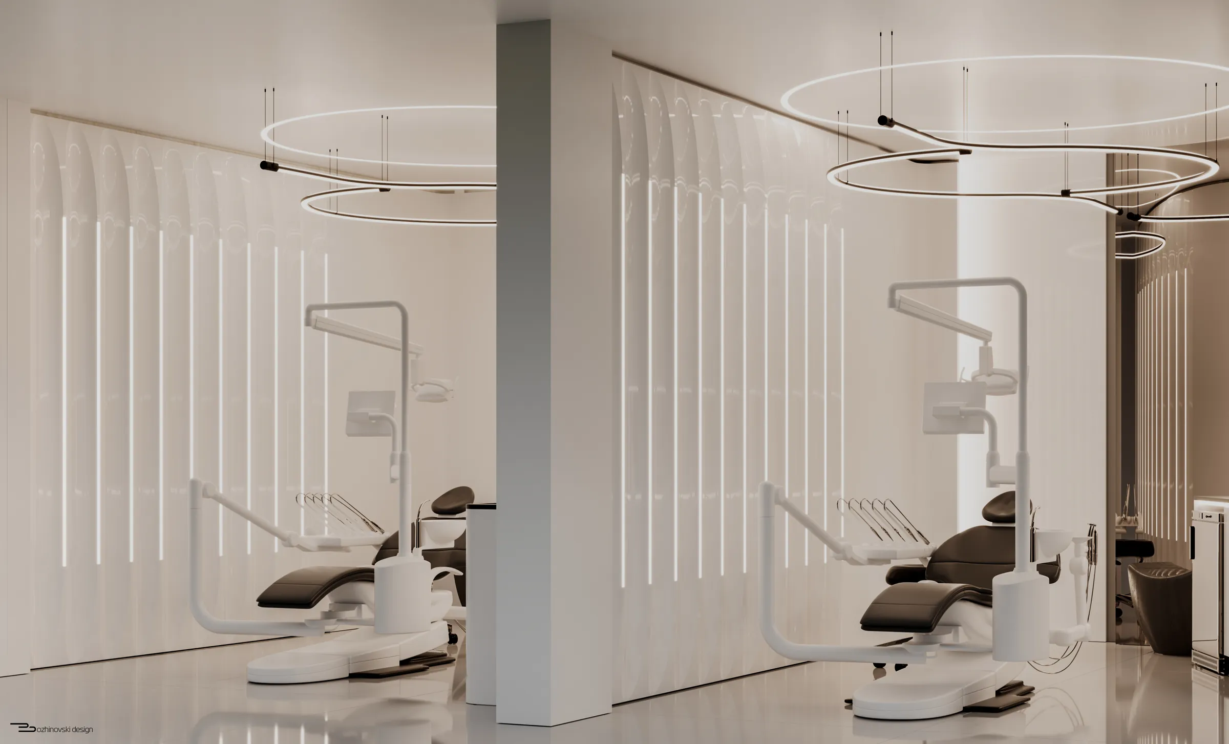Two treatment bays divided by a full-height gloss column