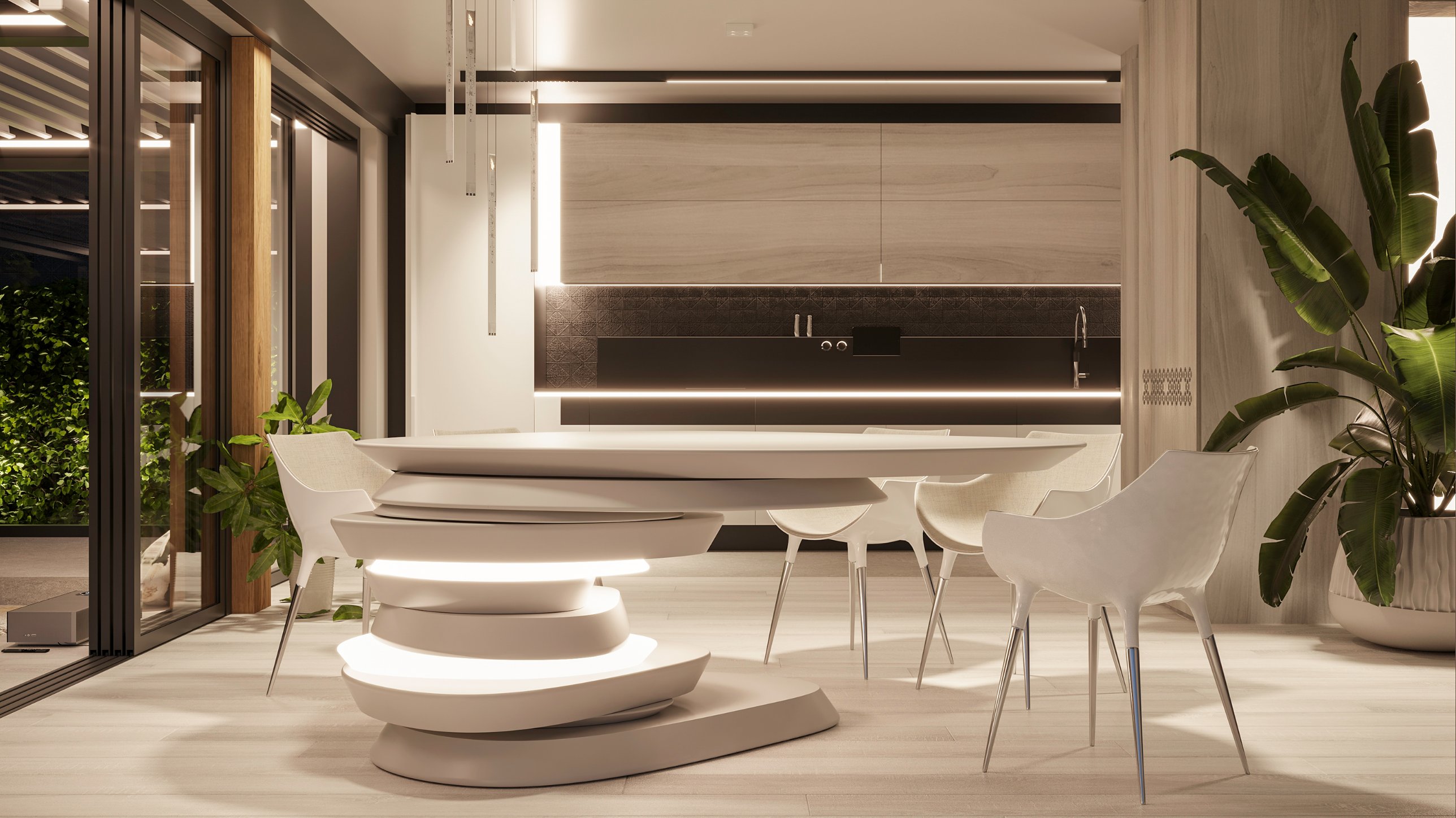 The layered white dining table glowing between its sections, before a timber and black kitchen