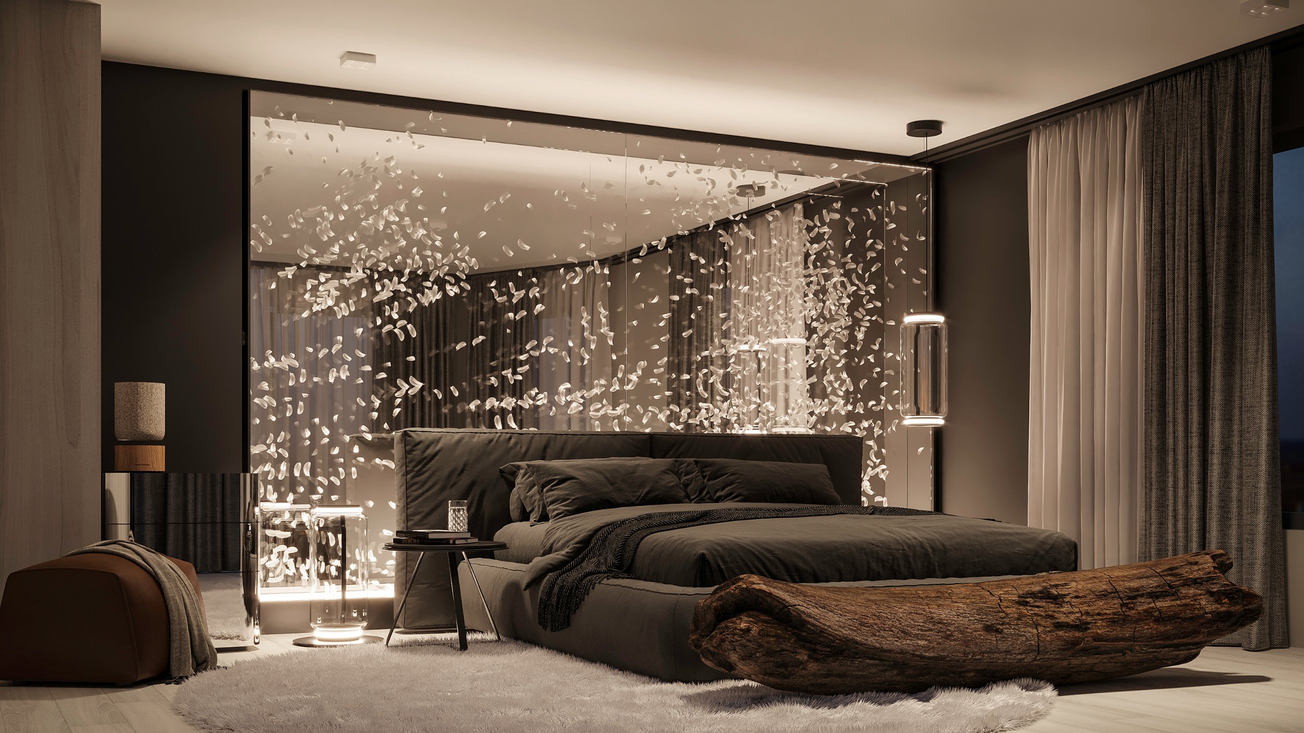 The bedroom with white feathers drifting in a glass enclosure behind the bed, and a driftwood bench at its foot