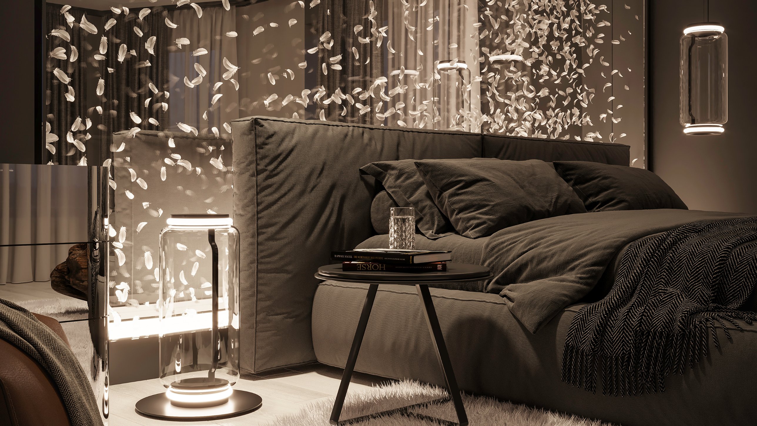 Close view of the feathers in flight behind the bed and a glass floor lamp