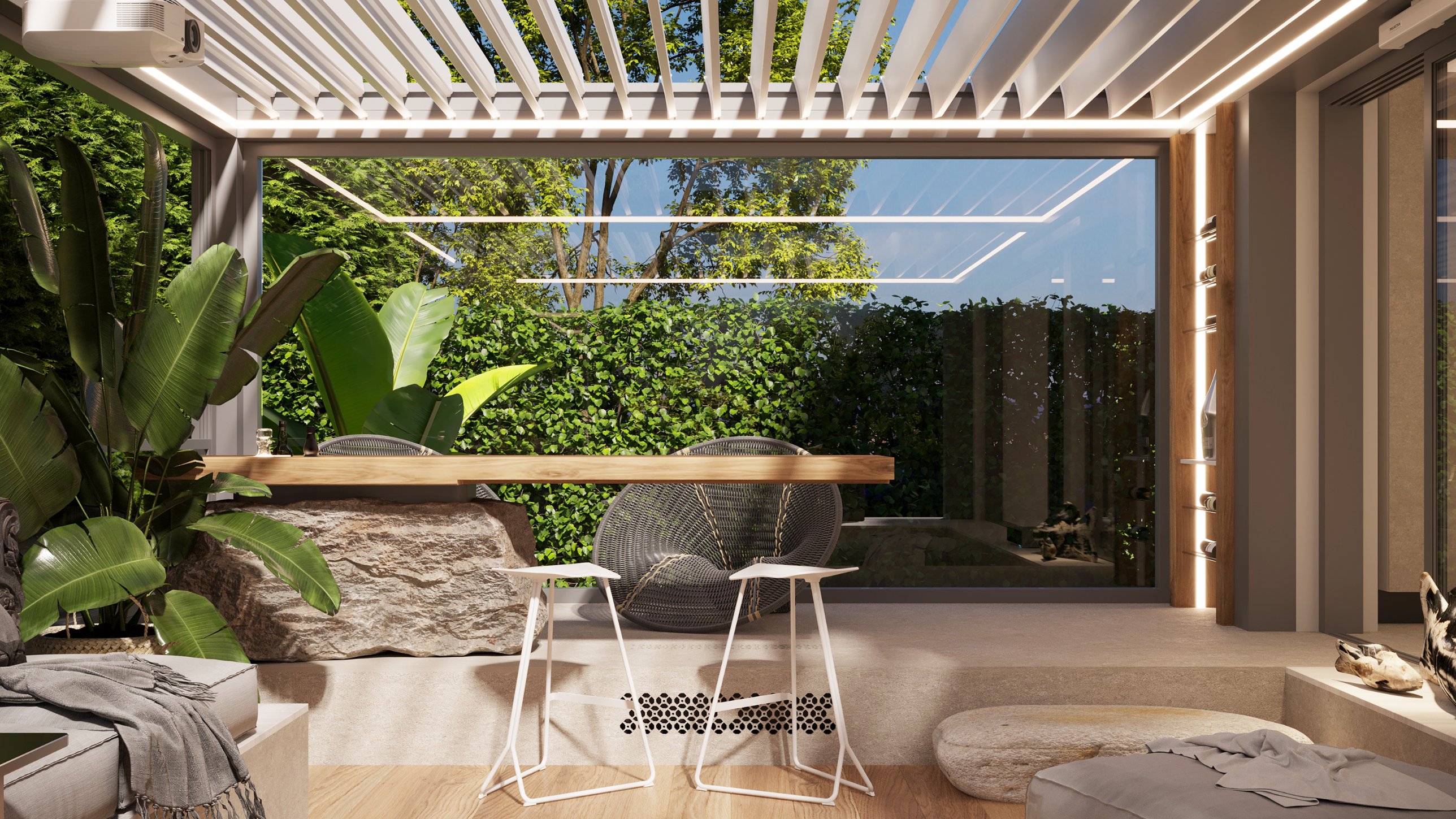 A timber bar on a boulder beneath the slatted canopy, with white stools and woven chairs