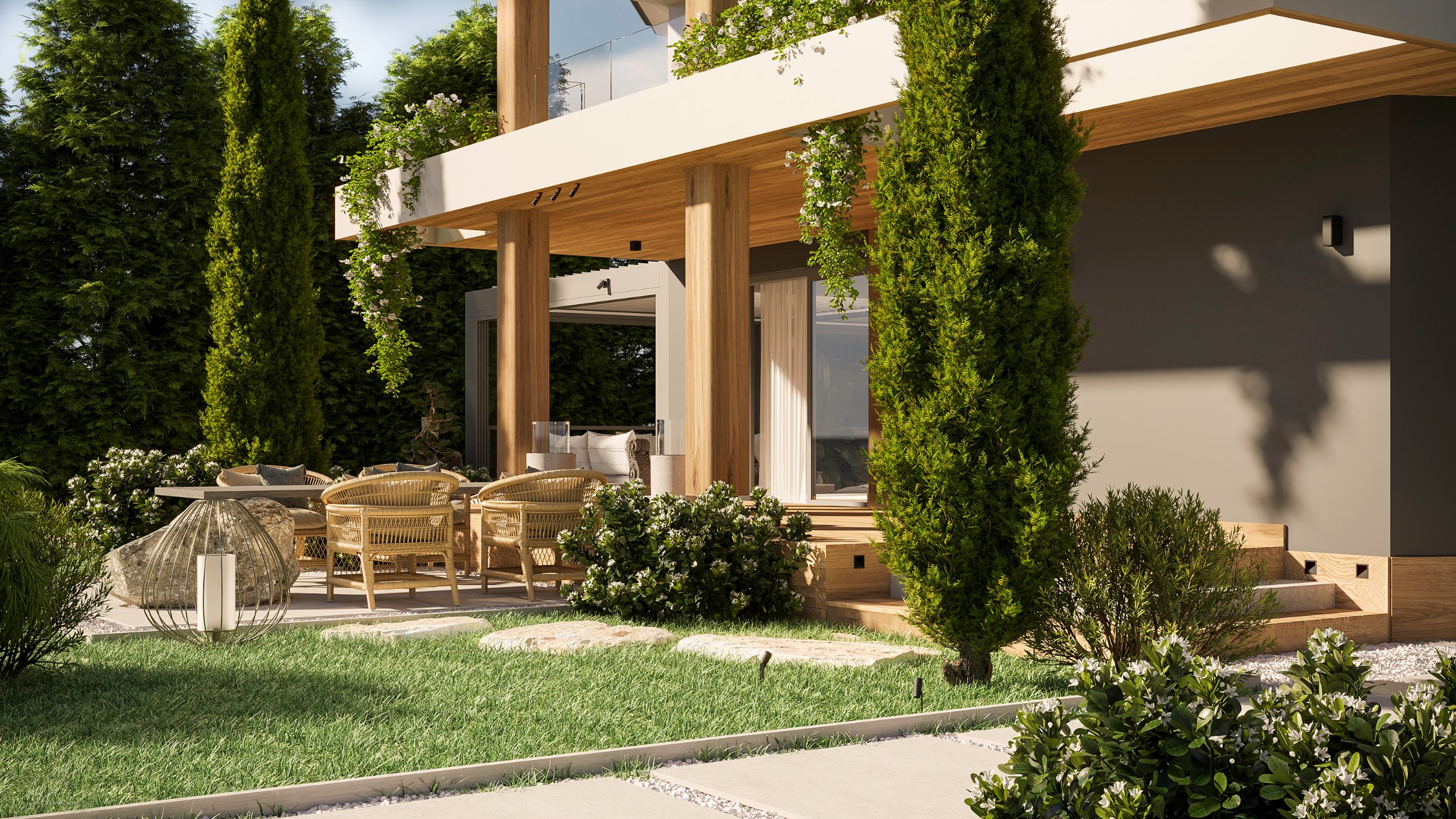 The timber-columned terrace with woven chairs and a stone-based table among cypress trees