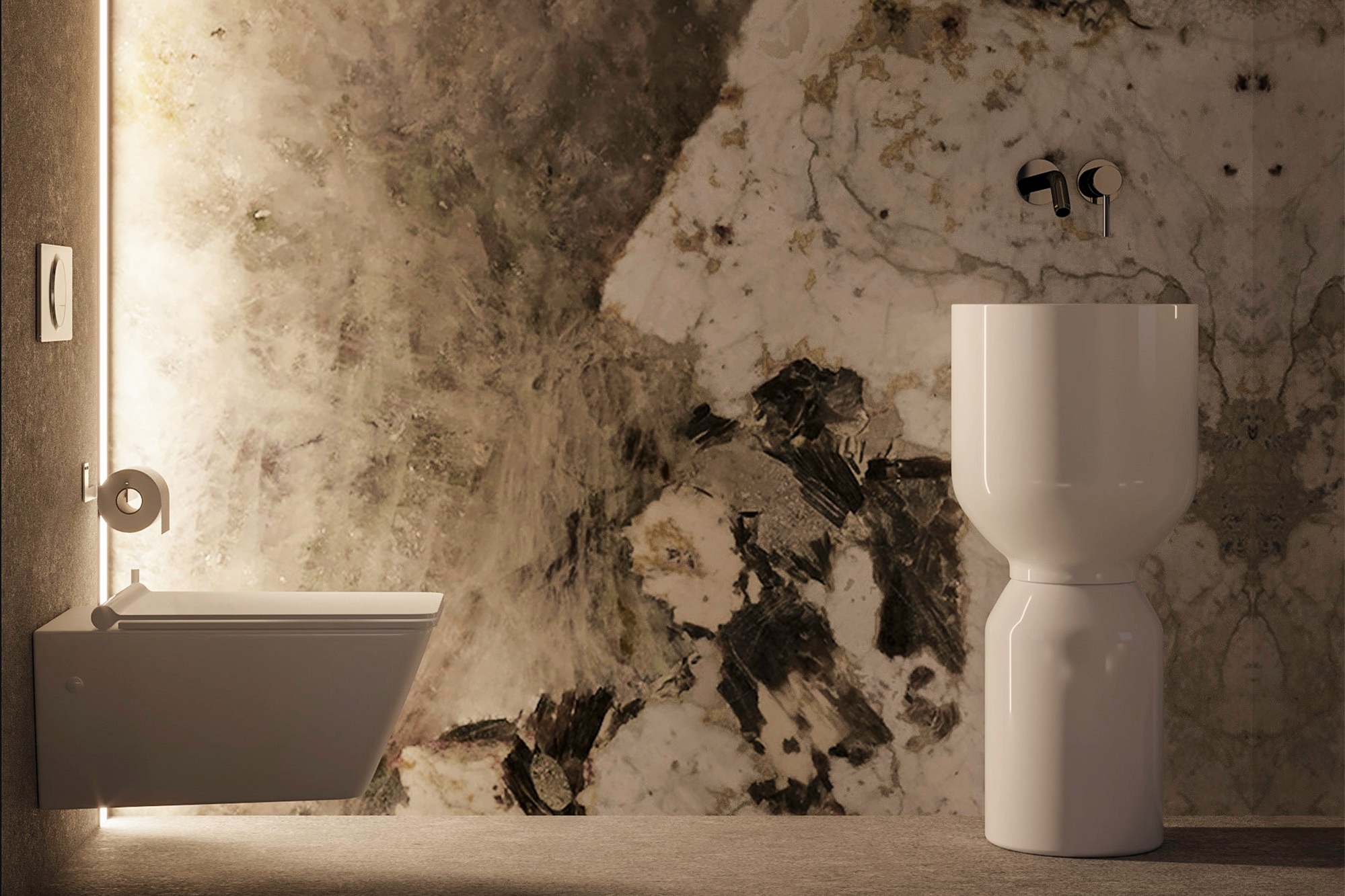 A powder room with a backlit stone wall, a white pedestal basin and a wall-hung WC