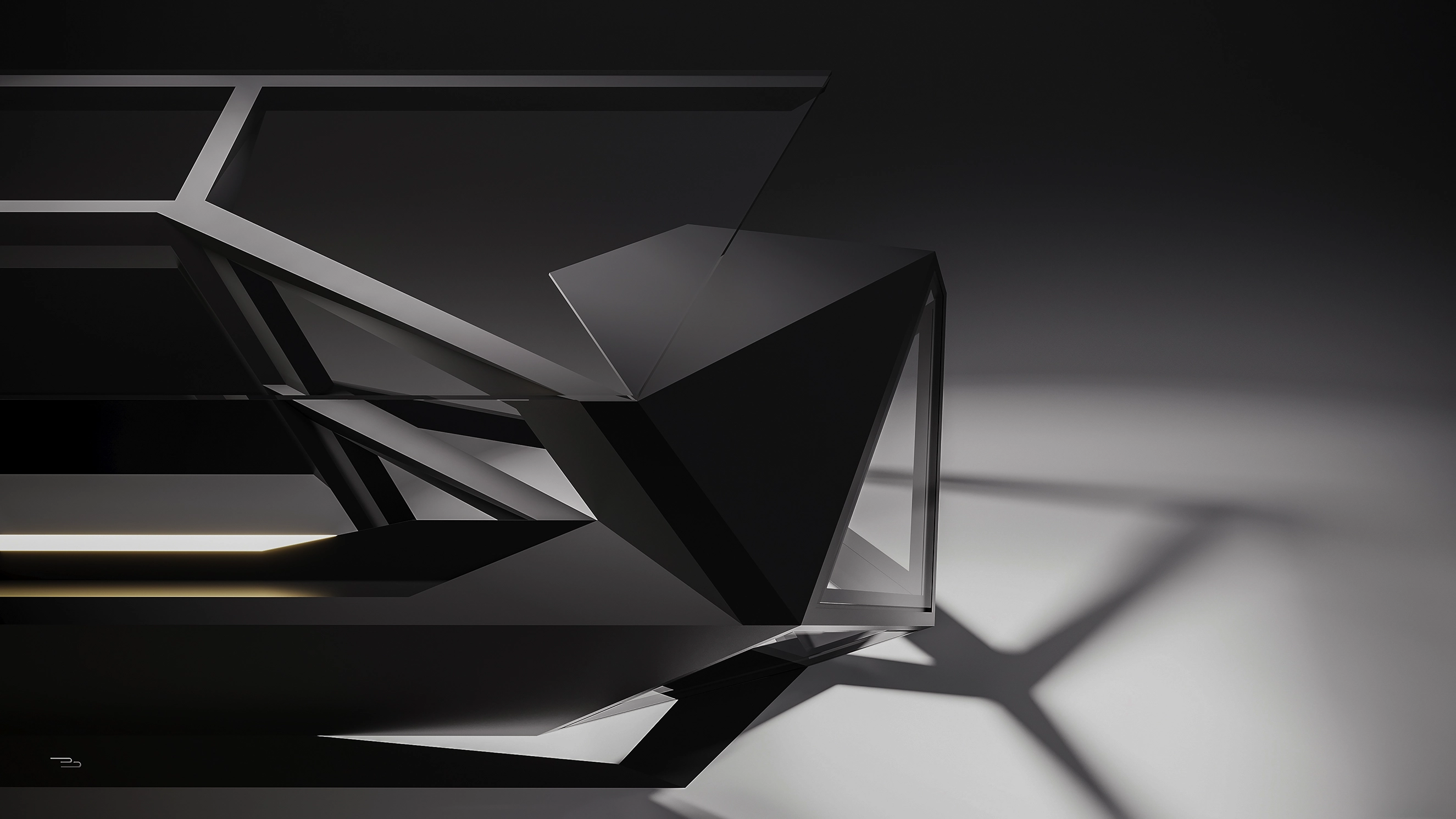 Close view of the desk’s faceted corner volume and its shadow