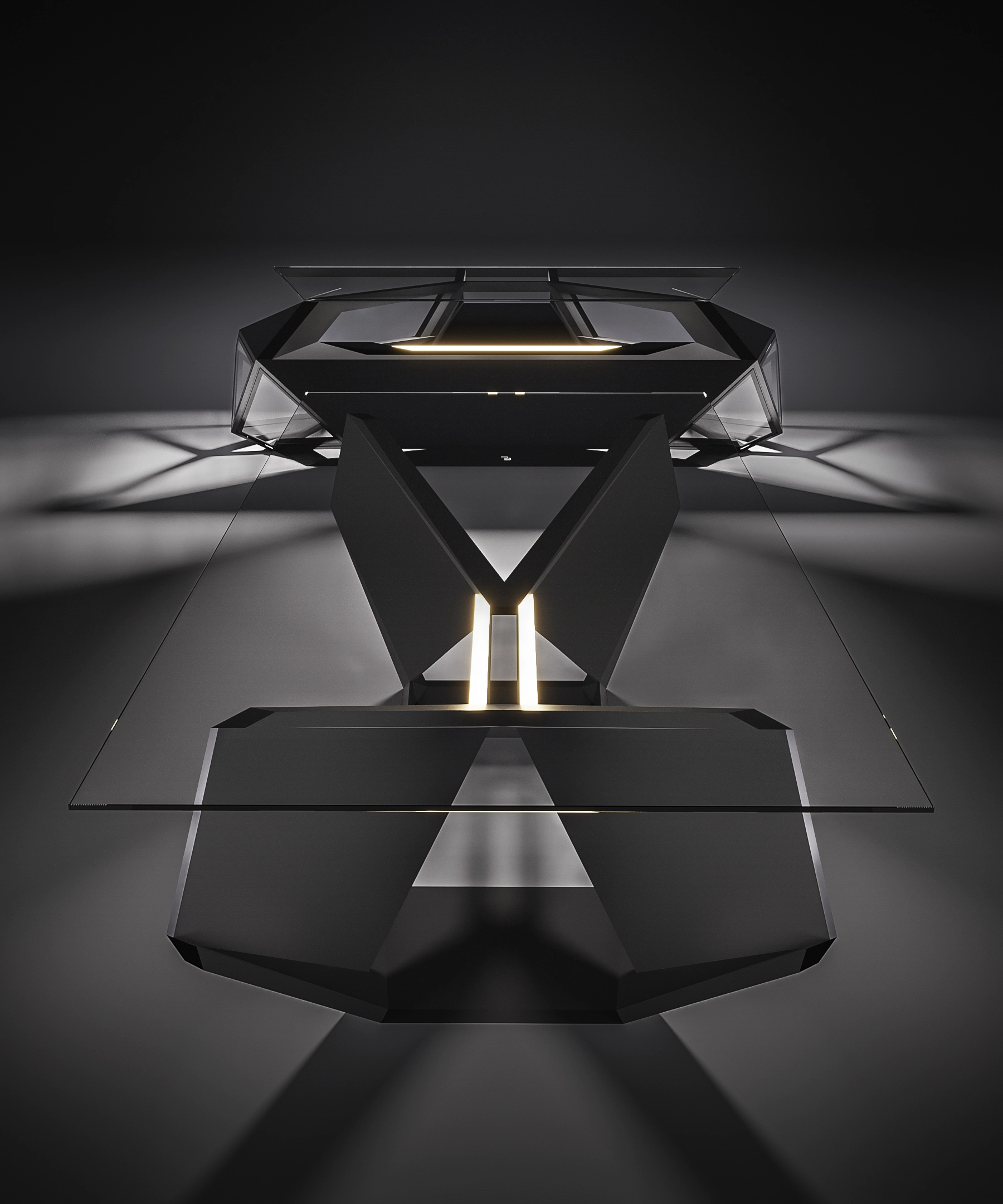 The table seen along its length, two faceted supports meeting at a central line of light