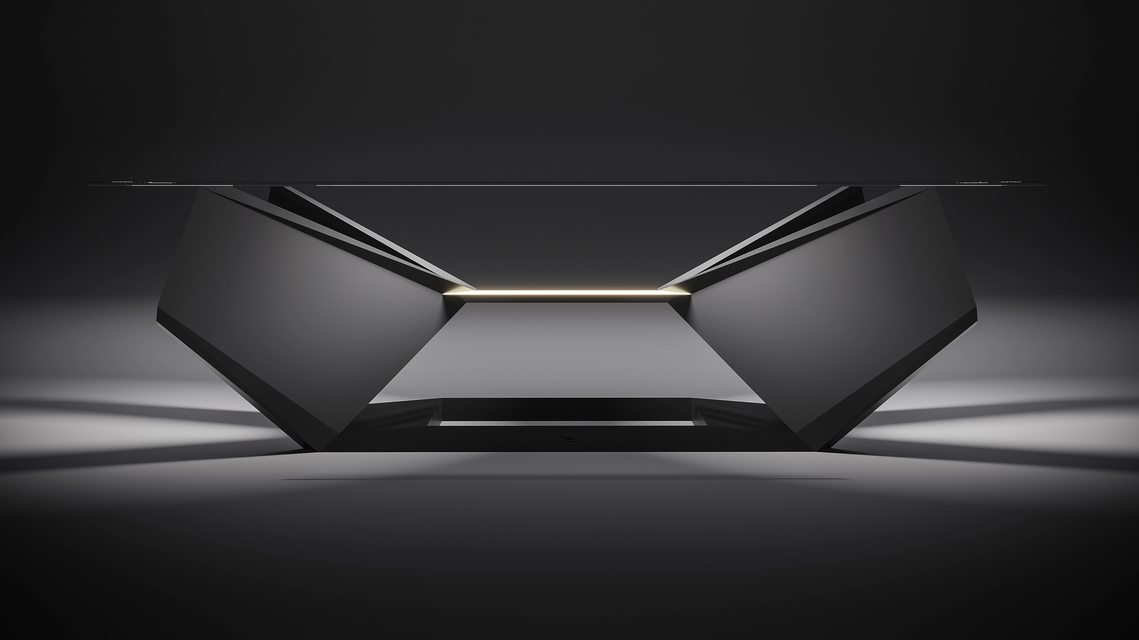 The table in front view: two faceted black supports joined by a thin line of warm light