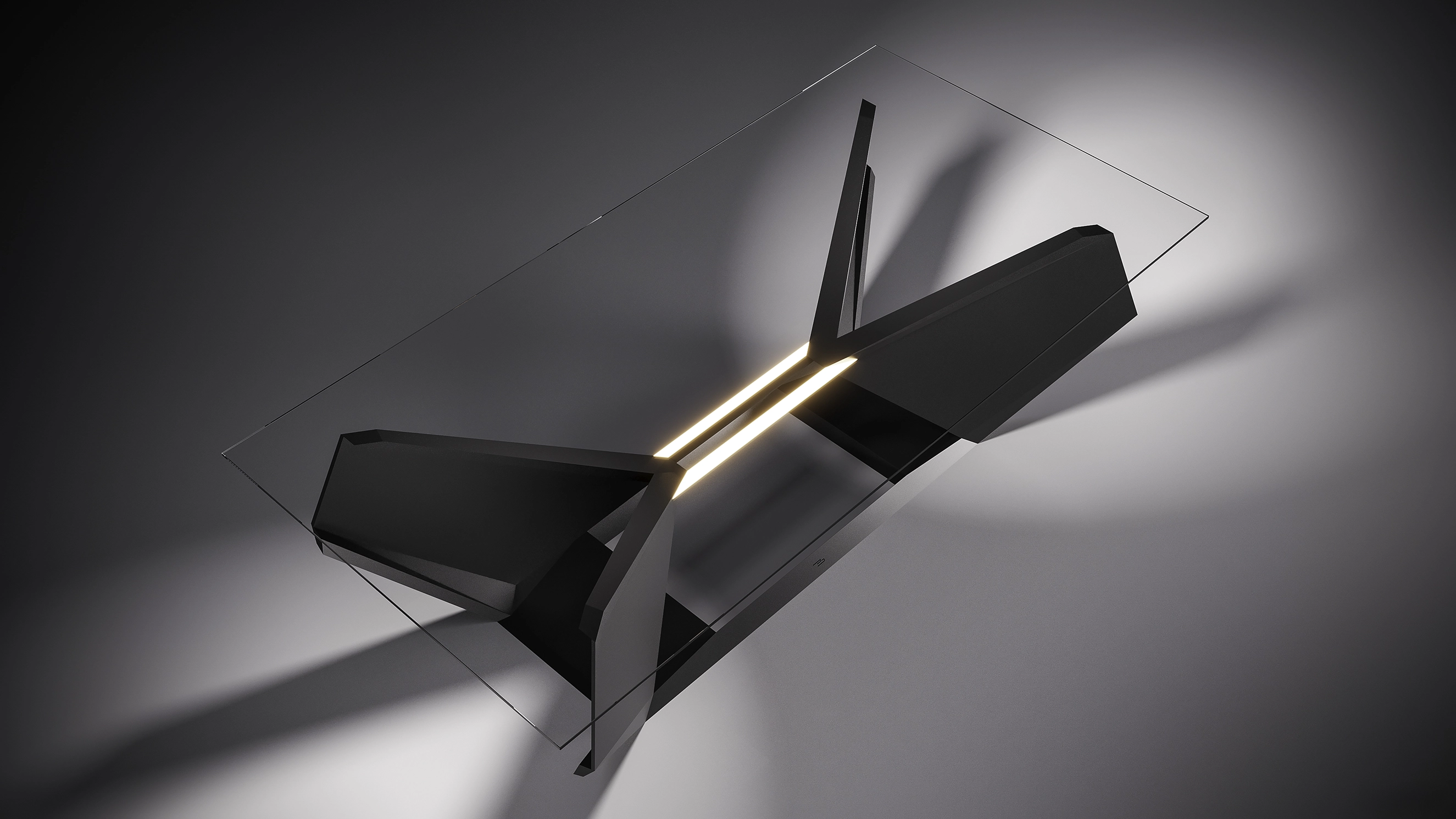The table from above: glass top over crossing black supports and a lit central axis