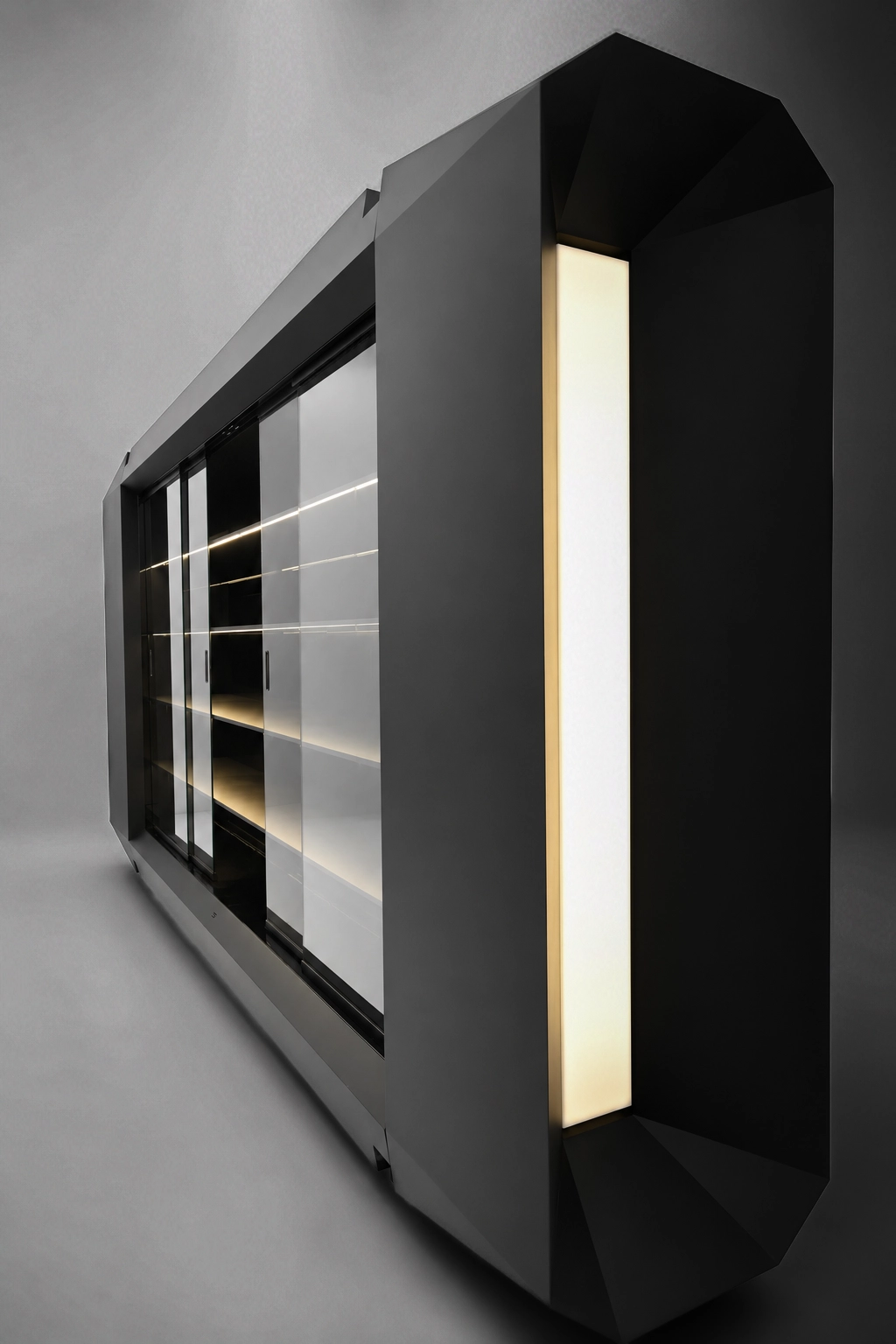 The side cabinet in profile, its faceted end volume holding a vertical light panel