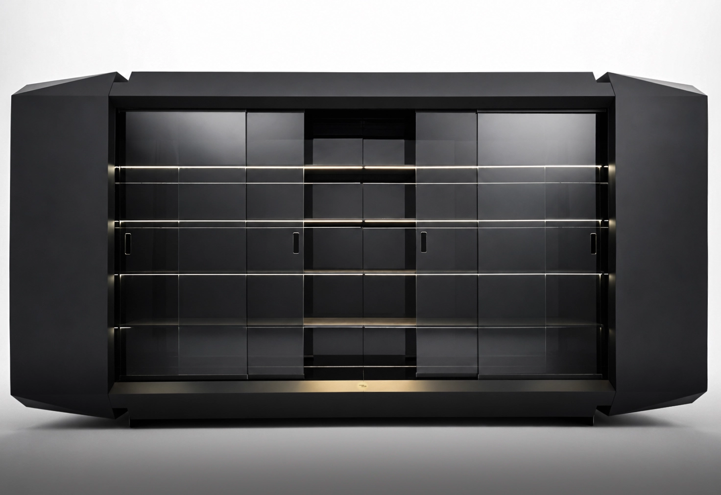 Front view of the side cabinet with sliding glass doors and lit shelves