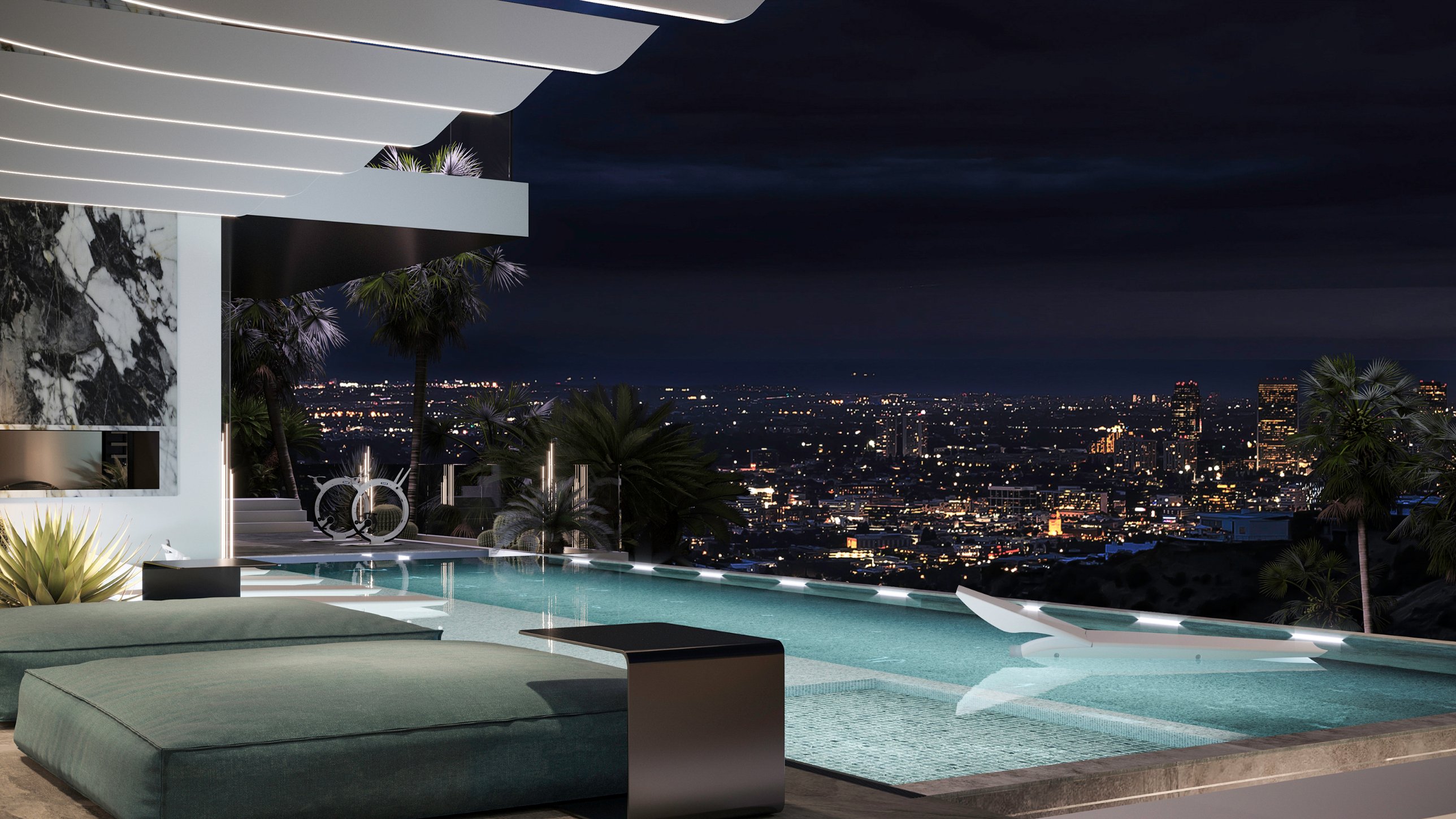 An infinity pool beneath sculpted white canopies, looking out over the lights of Los Angeles at night