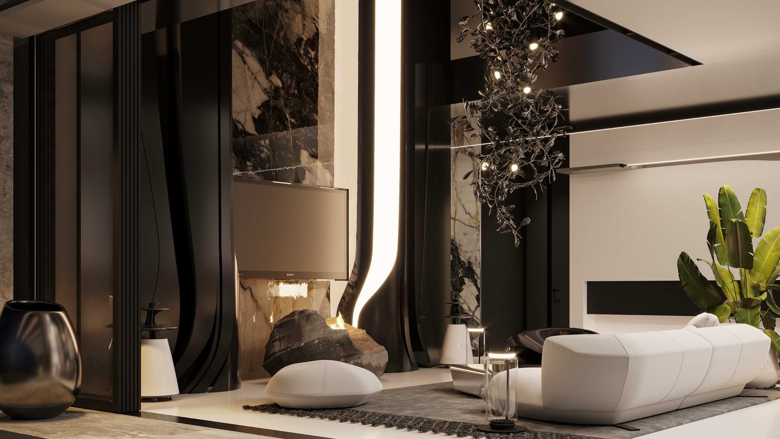 A living area with a fire set into a rough stone, a sculptural black chandelier and a light seam rising up the wall