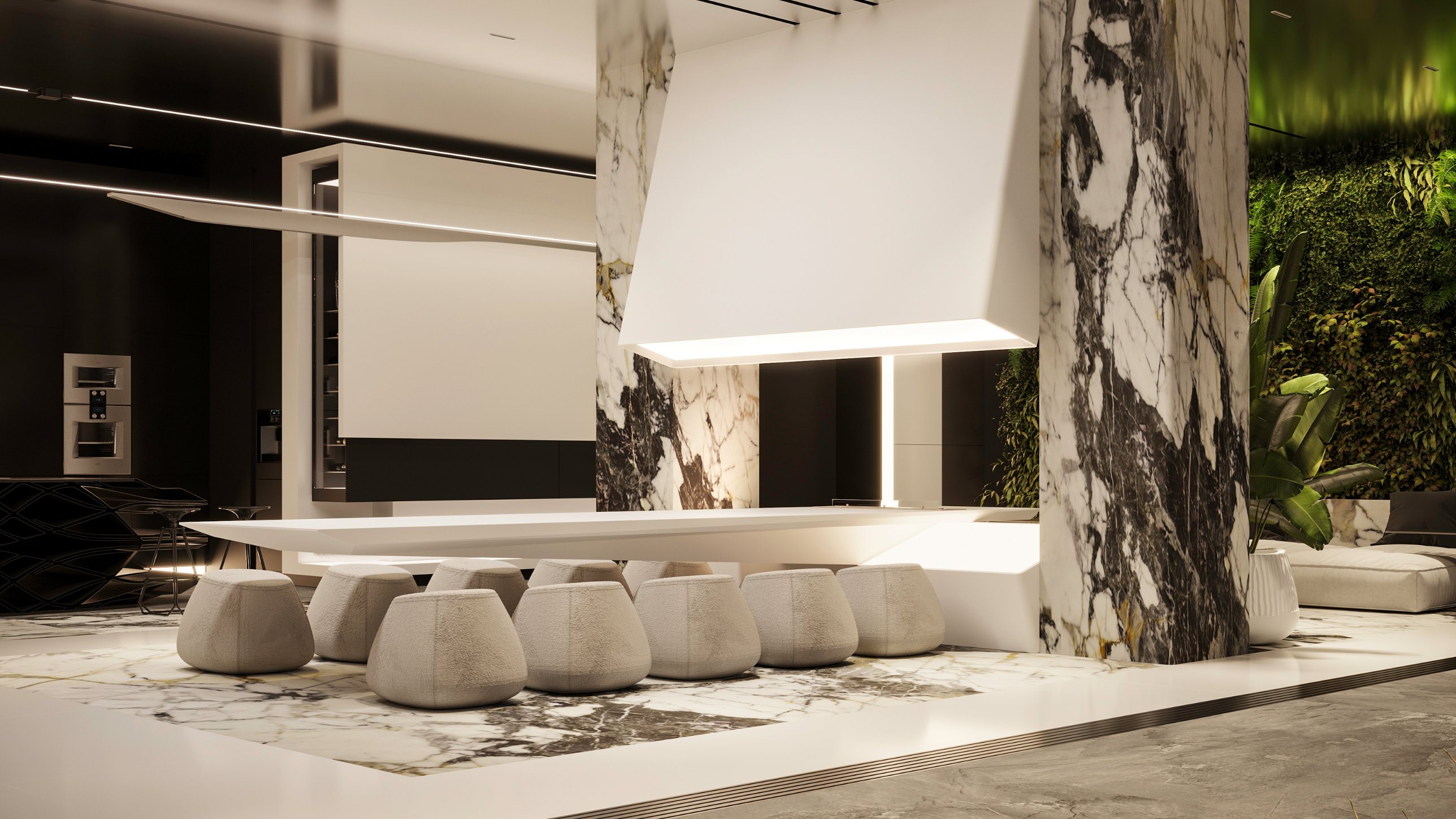 A long white dining table cantilevered from a marble column, with upholstered stools and a living wall beyond