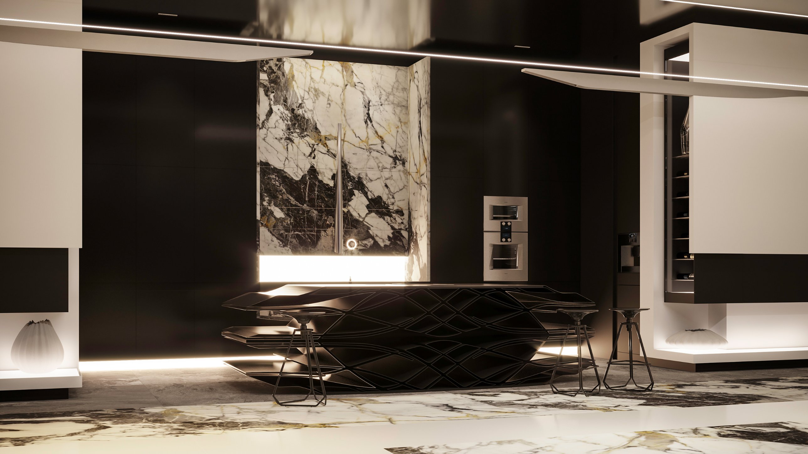 A sculptural black kitchen island with a lattice of curves before a marble splashback