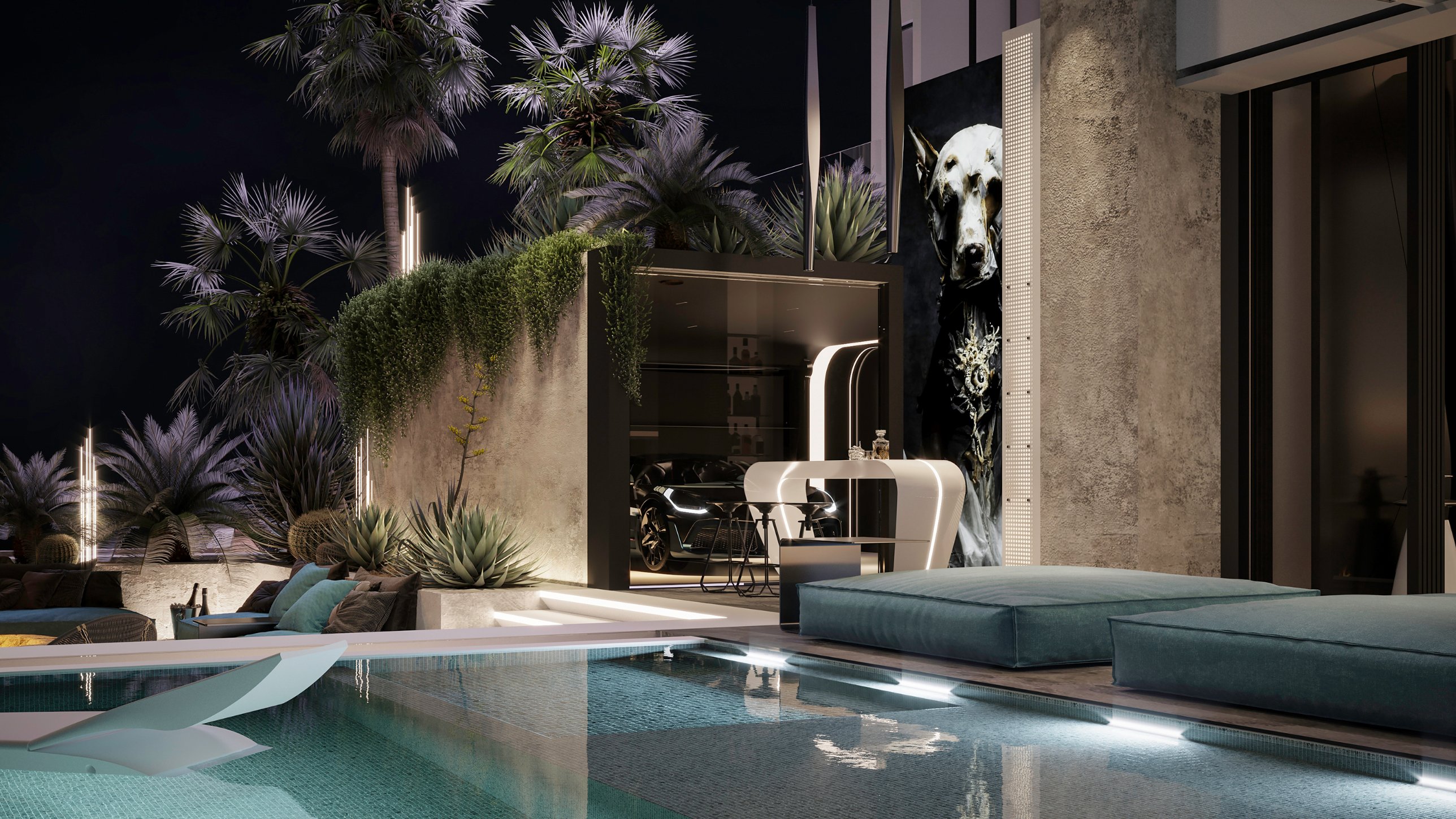 A white sculpted bar beside the pool, with a car displayed behind glass and a large dog portrait