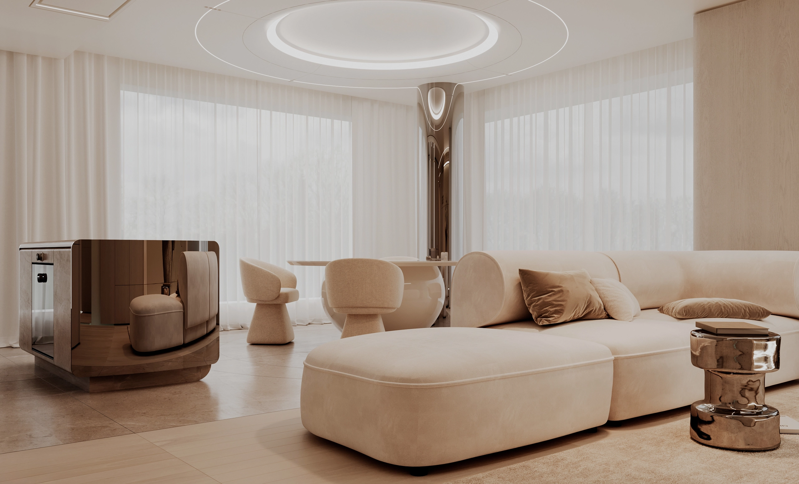Living room with mirror-polished kitchen island, sheer curtains and a circle of light in the ceiling