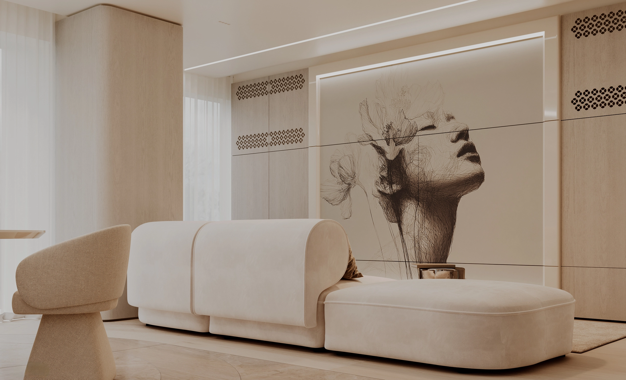 Curved sofa before a large portrait interwoven with botanical linework