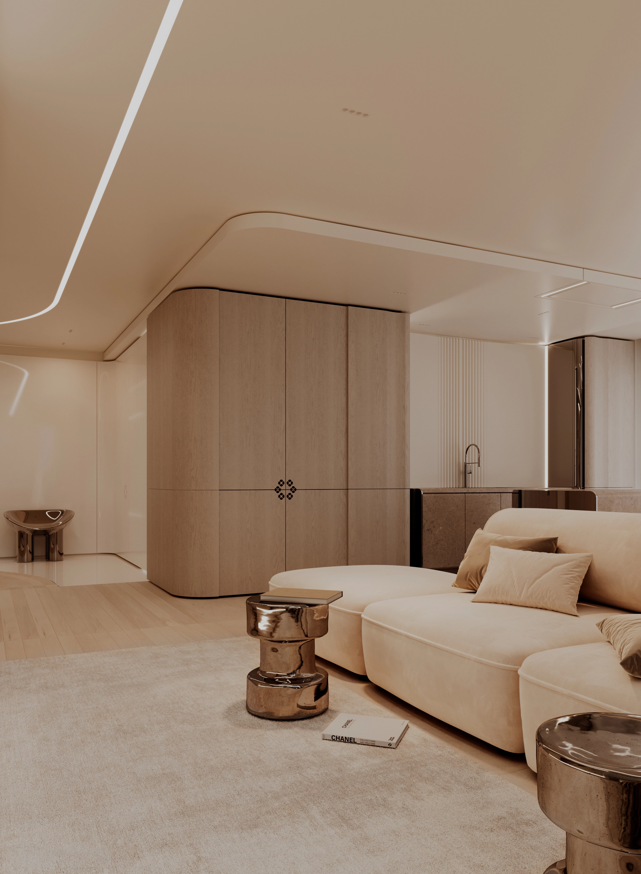 Rounded oak cabinetry with a geometric motif, textured upholstery and reflective side tables