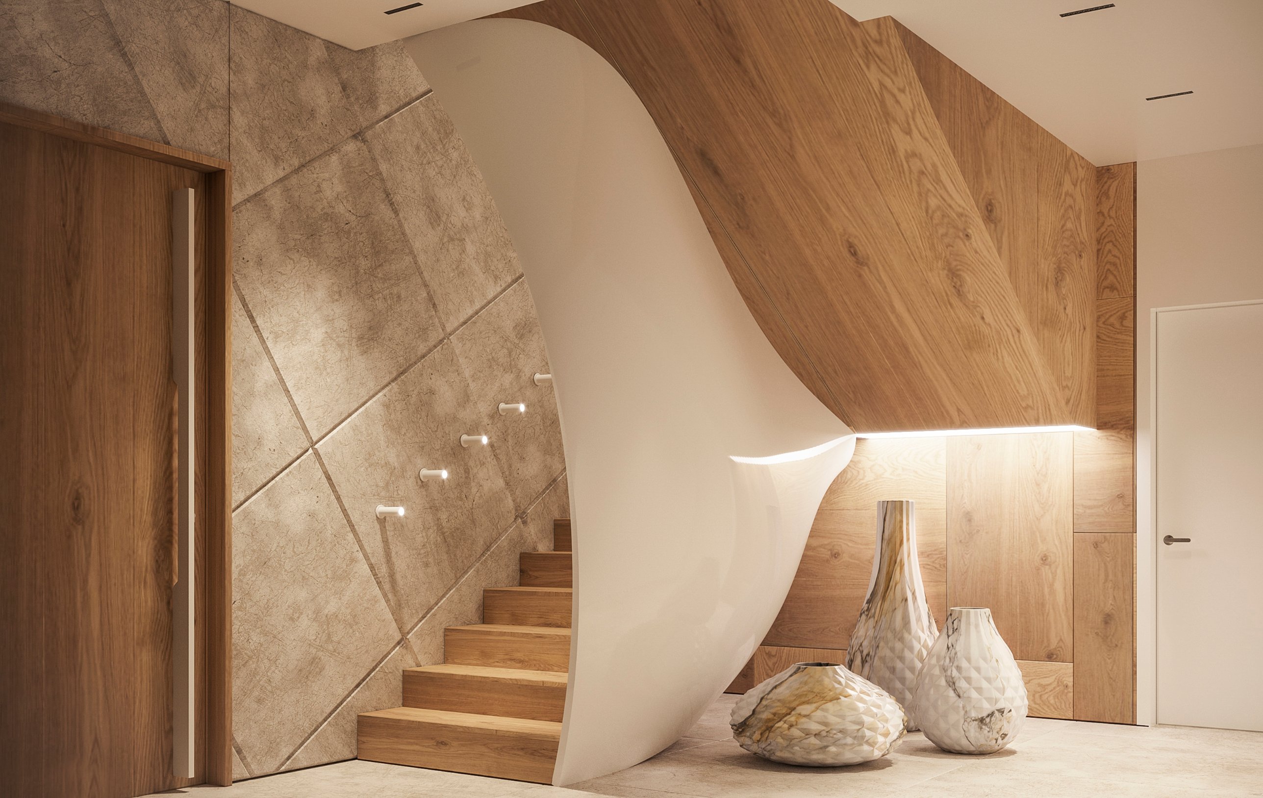 The curved staircase enclosure with sculptural vases at its base