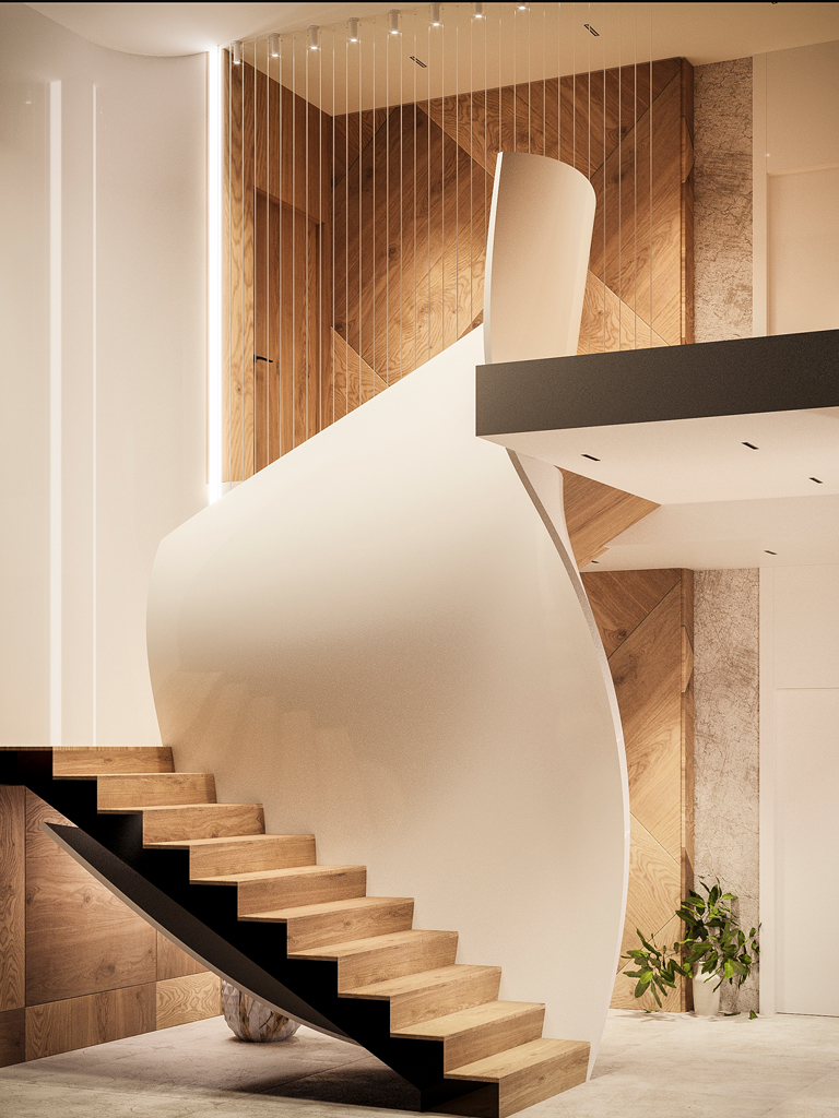 The white wave-like staircase rising beside timber-clad walls